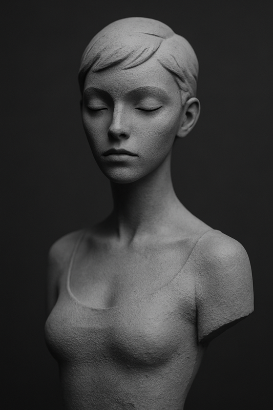 Grayscale close-up of a boutique resin female figure, captured in studio lighting. Minimalist design with clean sculptural details, symbolising curated artist-made work for collector display.