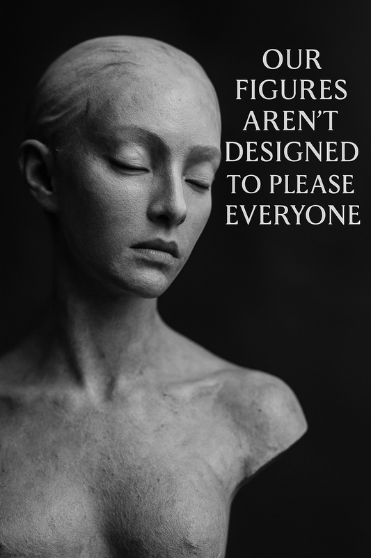 Grayscale close-up of a sculpted female bust with closed eyes and minimalist features. Textured resin surface highlights artistic imperfection and form clarity. Suitable for boutique resin collectible display.