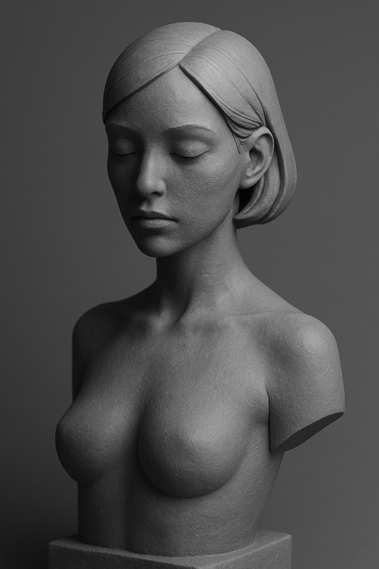Grayscale photograph of a sculpted female bust made from solid resin. Features a smooth, minimalist finish with subtle shadows across the upper torso and face. Collector-grade form highlighting physical presence.