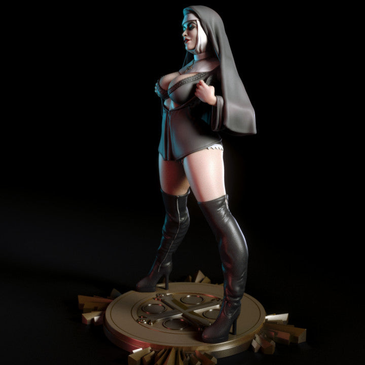 Statue of a character in a dark outfit with high boots on a black background