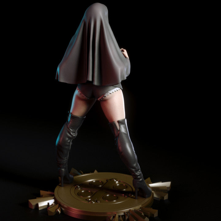 Back angle of a stylised habit-wearing figure with lace-trimmed underwear, tall boots, and draped hood. Cast in high detail for adult collectors.