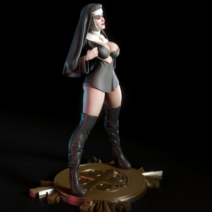 Statue of a nun in a dynamic pose on a dark background