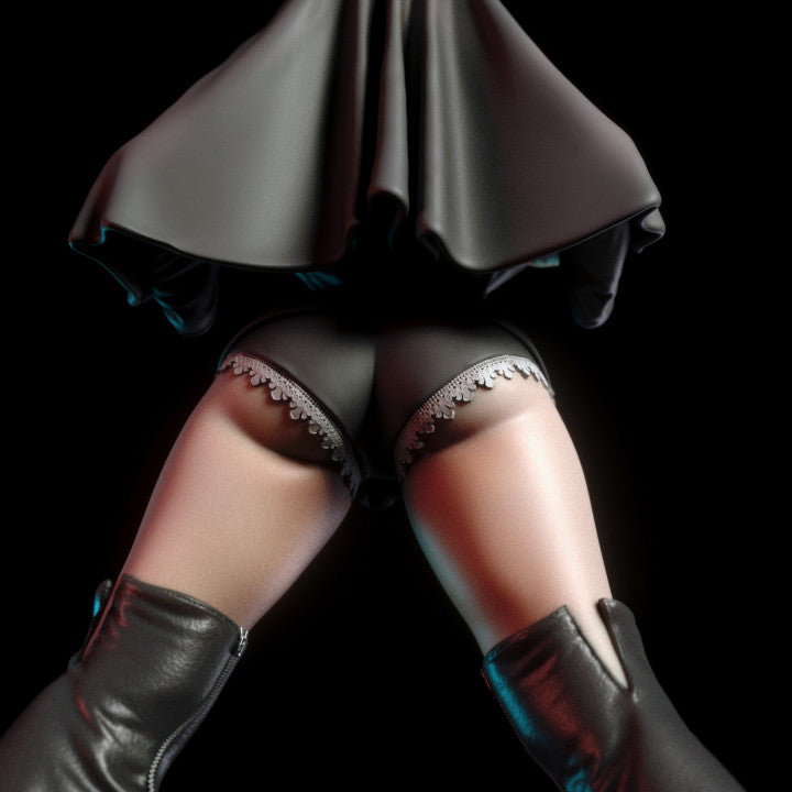 Close-up of a person wearing black lingerie and high-heeled boots on a dark background