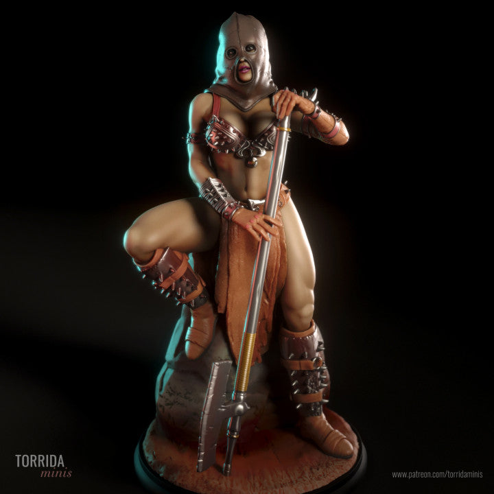 Dark fantasy executioner queen miniature seated with large halberd, spiked leather outfit and full metal mask. Stylised 1/10 scale resin figure for display or painting.