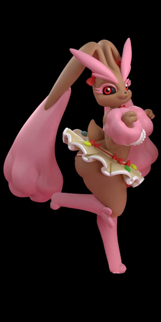 Anthro bunny girl figure in a playful dessert-themed pose, balancing on one leg with extended pink ears and matching stockings. Wears a frilled skirt with pastel fruit trims and holds a bright strawberry-pink pastry.