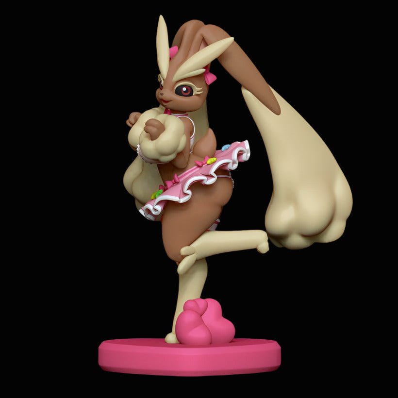 Anthro bunny girl resin figure posed on one leg, featuring cream-coloured ears and pastry details, frilly skirt with fruit accents, and a matching dessert prop. Whimsical candy-shop aesthetic with a soft vanilla theme.