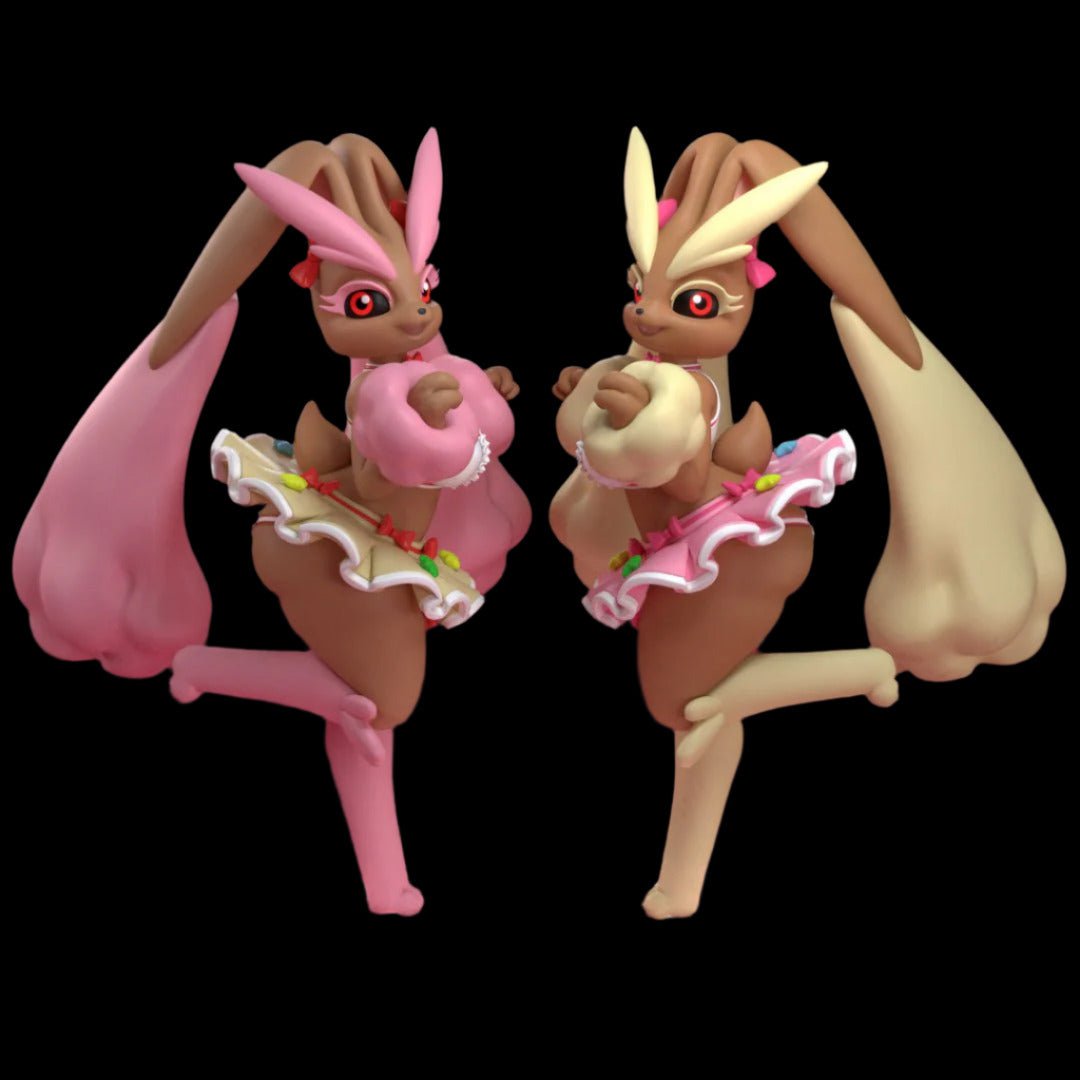 Twin anthro bunny girl collectible figures posed mid-step, wearing frilly dessert-inspired skirts with whipped cream and fruit accents. One sculpt features strawberry-pink tones, the other vanilla-cream palette. Designed for boutique collectors with a playful, fantasy patisserie theme.
