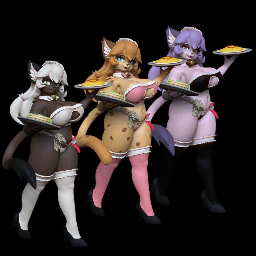 Trio of anthro catgirl maid resin figures in matching cafe outfits, each posed holding trays with pancakes and cutlery. Features include expressive ears, styled hair, and curvy builds with varied fur patterns. Solid pinup display statues with coordinated colourways and themed accessories.