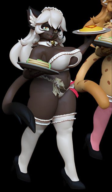 Anthro dark-furred catgirl figure with white maid accents and long flowing tail, posed holding plated food. Features contrasting white stockings, soft silver hair with volume, and stylised eyes.