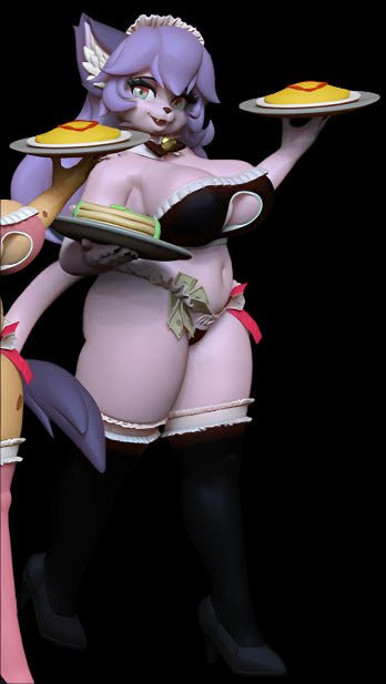 Purple anthro catgirl resin figure in a maid-themed outfit, holding two food trays with pancakes and a sandwich. Character has lavender fur, long hair, thigh-high stockings, and a confident expression.