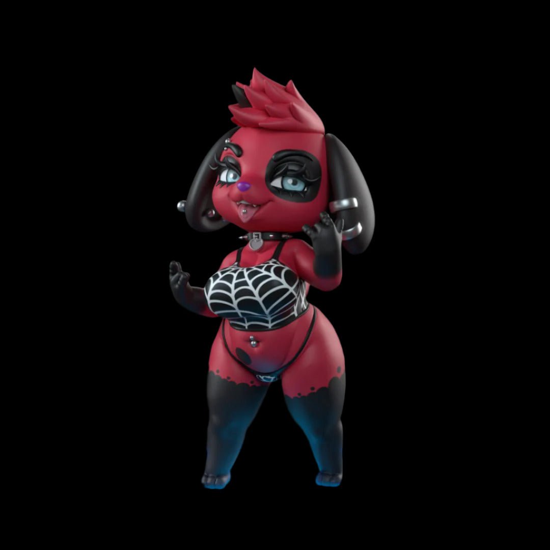 Anthro puppy girl collectible with gothic spiderweb top, dual-tone red and black body, and bold silver piercings. Features stylised proportions, mohawk hairstyle, and a confident stance for mature figure collectors