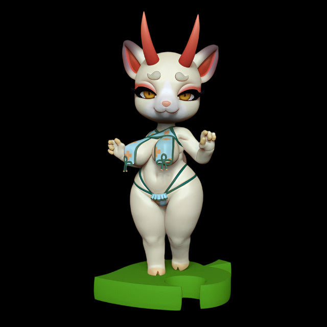 Solid resin goat girl figure with red horns, soft expression, and green strappy bikini outfit. Designed in stylised chibi format, posed upright on a leaf base. Boutique fantasy collectible ideal for display or custom painting.