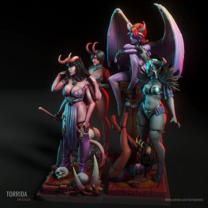 Colorful demoness fantasy figurines on a dark background.
