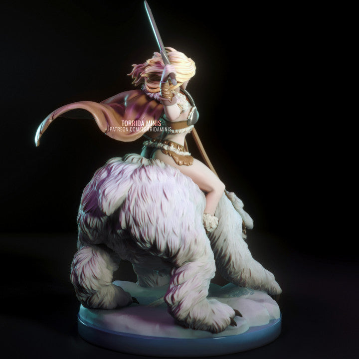 Full-body collectible resin figure of fierce warrior riding roaring polar creature. Sword, shield, and fur base included. Ideal for boutique shelf display or advanced painters.