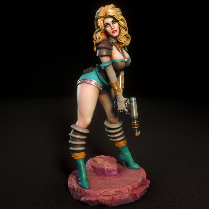 Solid resin sci-fi pinup figure posed with laser gun, knee bent, and futuristic heels. Display-ready sculpt with confident attitude.