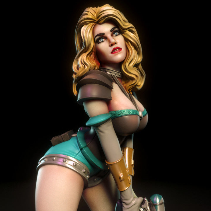 Stylised retro space heroine figure with blonde curls, bold makeup, and glossy teal armour. Boutique display piece with mature flair.