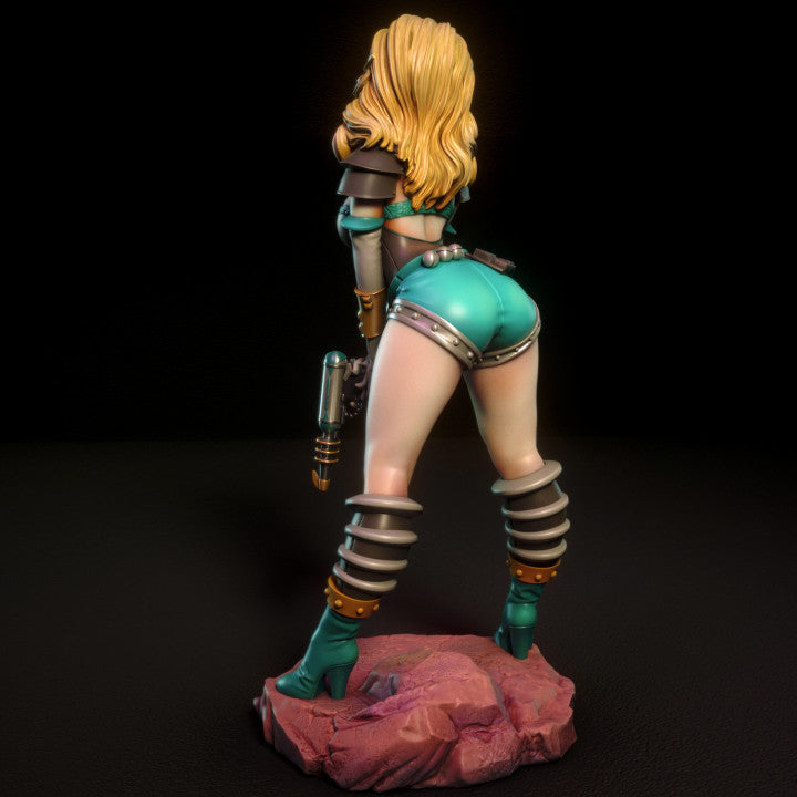 Resin collectible figure with stylised hair, tight metallic shorts, and detailed rock base. Designed for boutique collector display or hand painting.