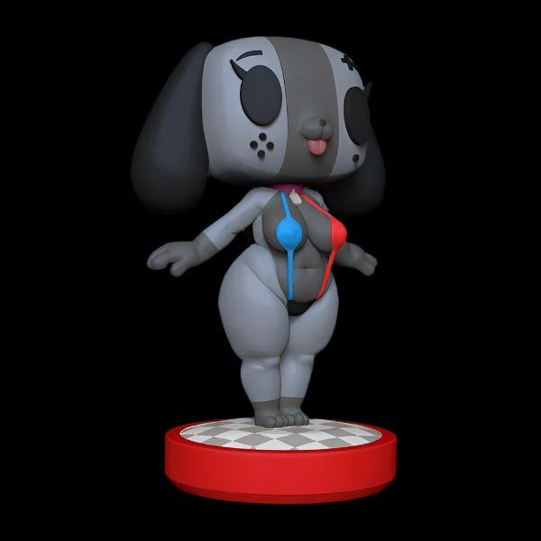 ChatGPT said:
Alt-Text:
Chibi-style anthro dog figure posed playfully on a red base, wearing a mismatched micro bikini in blue and red. Sculpted with exaggerated proportions and a cheeky expression.