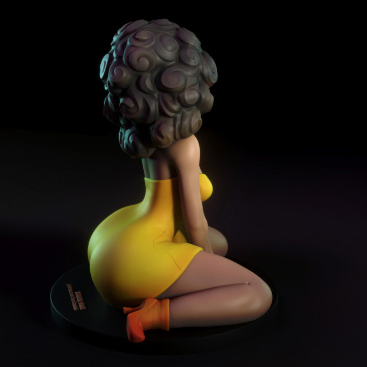 Rear view of Juditha Sol resin figure, showcasing voluminous hair sculpt and dress detail. Solid base and smooth surface finish emphasised.