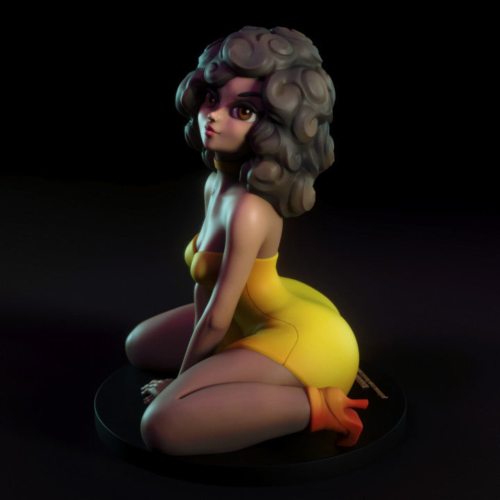 Side angle of boutique resin figure posed confidently on knees with stylised curls and subtle shadowing for dramatic lighting effect.