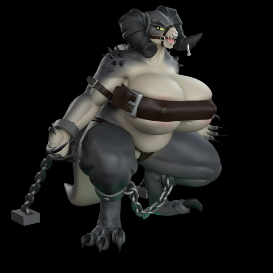 Fantasy beastkin resin model in a crouched stance, bound with metallic chains and gasmask headgear. Black leather chest strap conceals upper torso, with spiked shoulder accents and clawed feet enhancing the dystopian creature design. Collector-focused stylised sculpture.