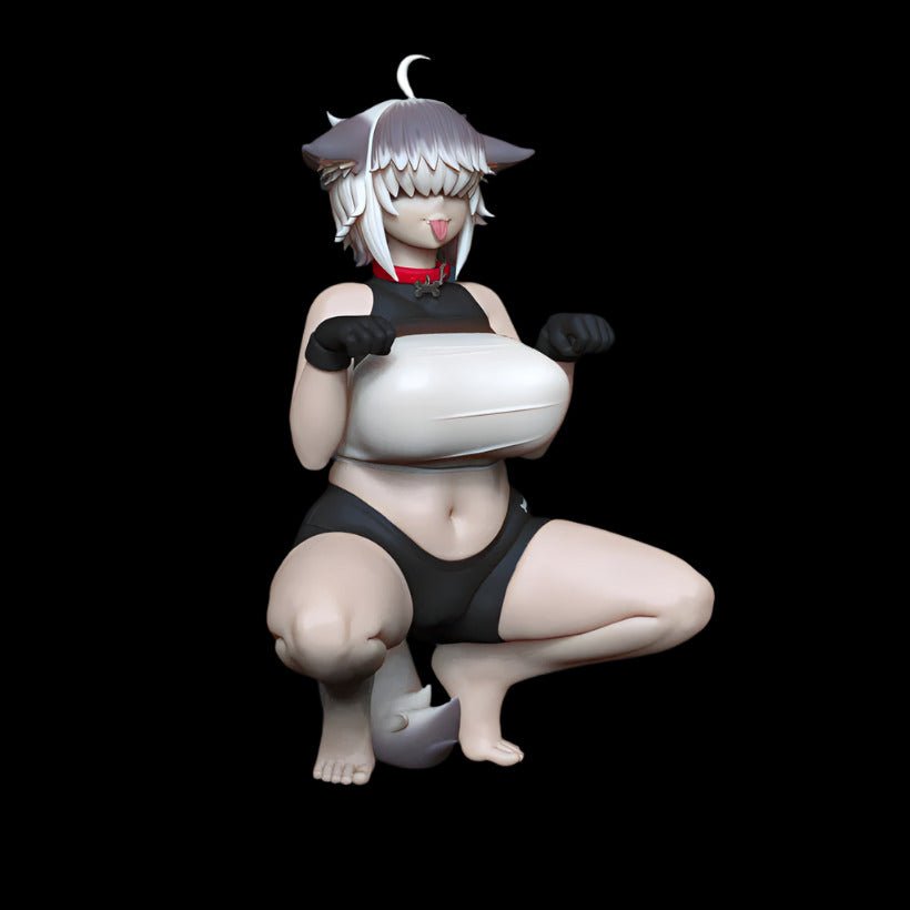 Anthro pet-themed figure in crouched pose, wearing a fitted black-and-white outfit with gloves and collar. Eyes hidden by bangs, tongue out in playful expression.