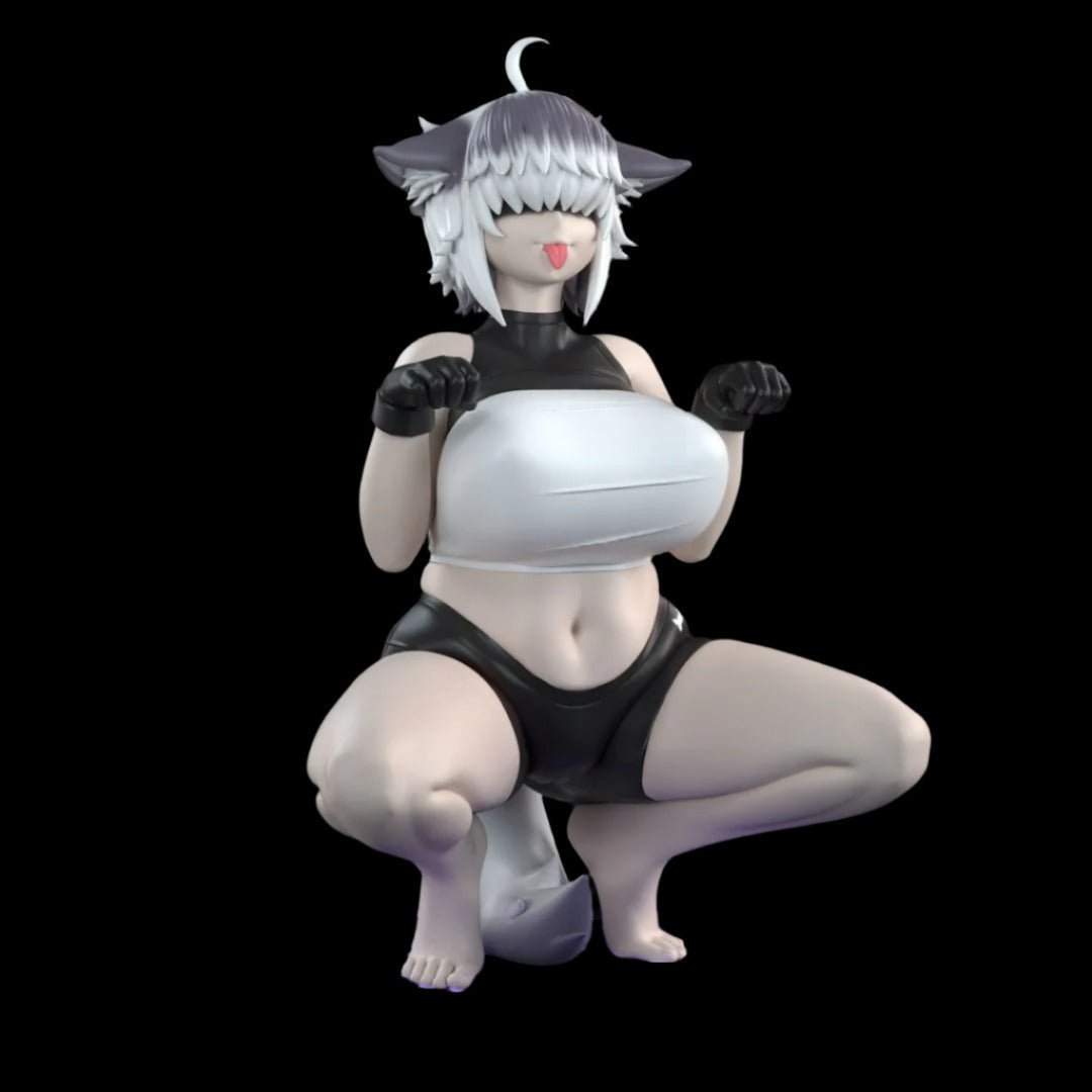 Anthro furbaby figure crouched in a playful pet pose, tongue out with hands raised, wearing a cropped sports-style top and shorts. Solid resin collectible with stylised proportions and character charm.