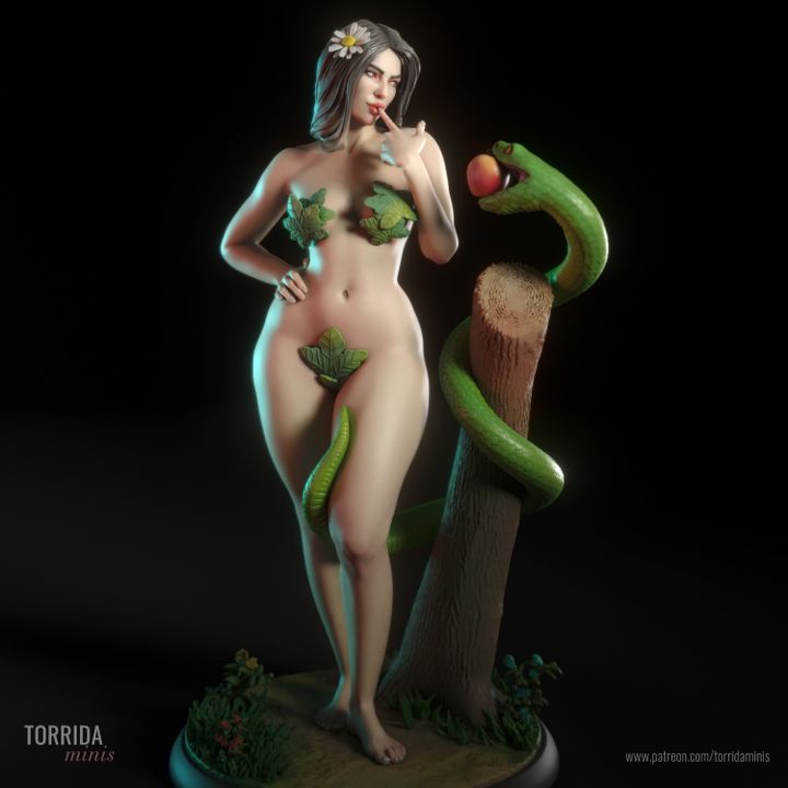 Full view of solid resin female collectible posed nude with foliage covering, beside coiled serpent offering fruit. Detailed base and stylised art statue suitable for 1/10 or 32mm painting.