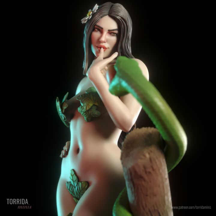 Close-up of resin fantasy woman figure with long flowing hair and floral leaf accents, finger to lips in a teasing pose. Boutique display miniature for mature collectors.