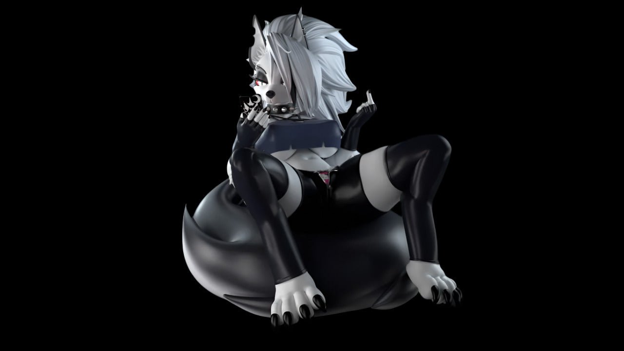 Stylised resin wolfgirl figure posed reclining on a soft beanbag, wearing a cropped top and thigh-high boots with expressive body language. Short silver hair, dark gothic palette, and detailed claws add attitude. Boutique-style anthro collectible with edgy, premium finish. Ideal for display or custom painting.