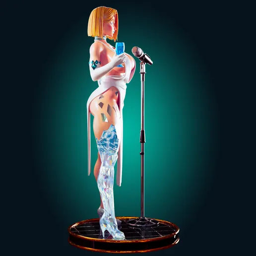 Statue of a character with a microphone stand on a dark background