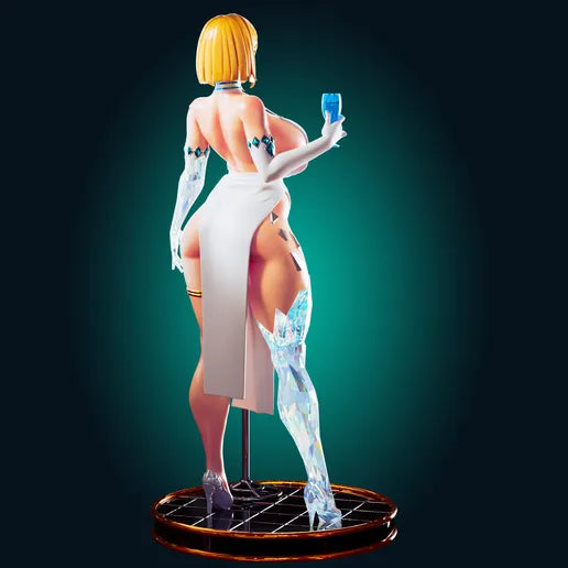 Statue of a woman with a yellow wig and white outfit on a dark green background