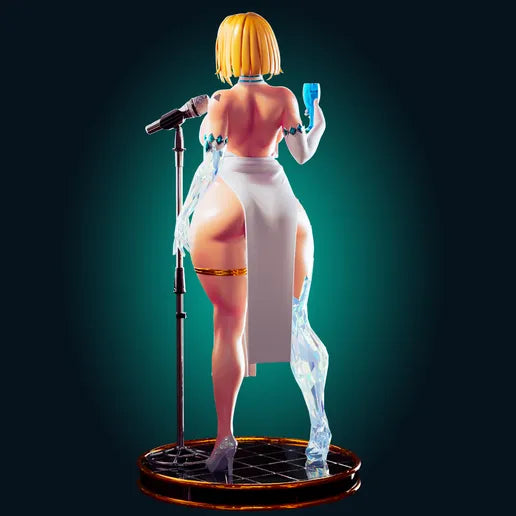 Statue of a woman with a microphone and glass, standing on a dark green background