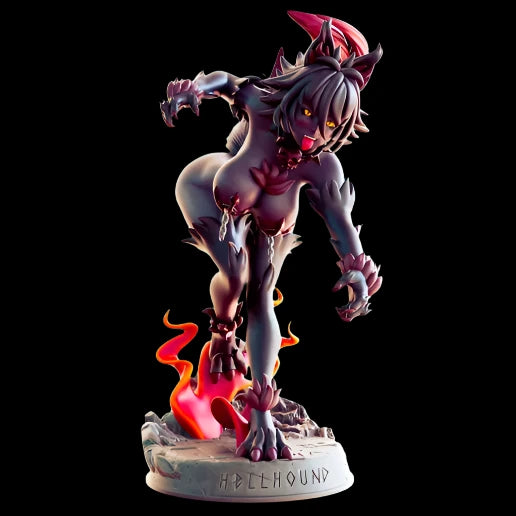 Stylised fantasy resin figure of a beastlike demon girl posed mid-leap with glowing eyes, clawed limbs, and a flame-swirled base. Sculpted in solid resin for boutique adult display.