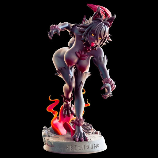 Hellhound-inspired anthro girl figure with raised claws and low crouch, featuring expressive ears, fang detailing, and base text. Designed for mature collectors and high-end painting.