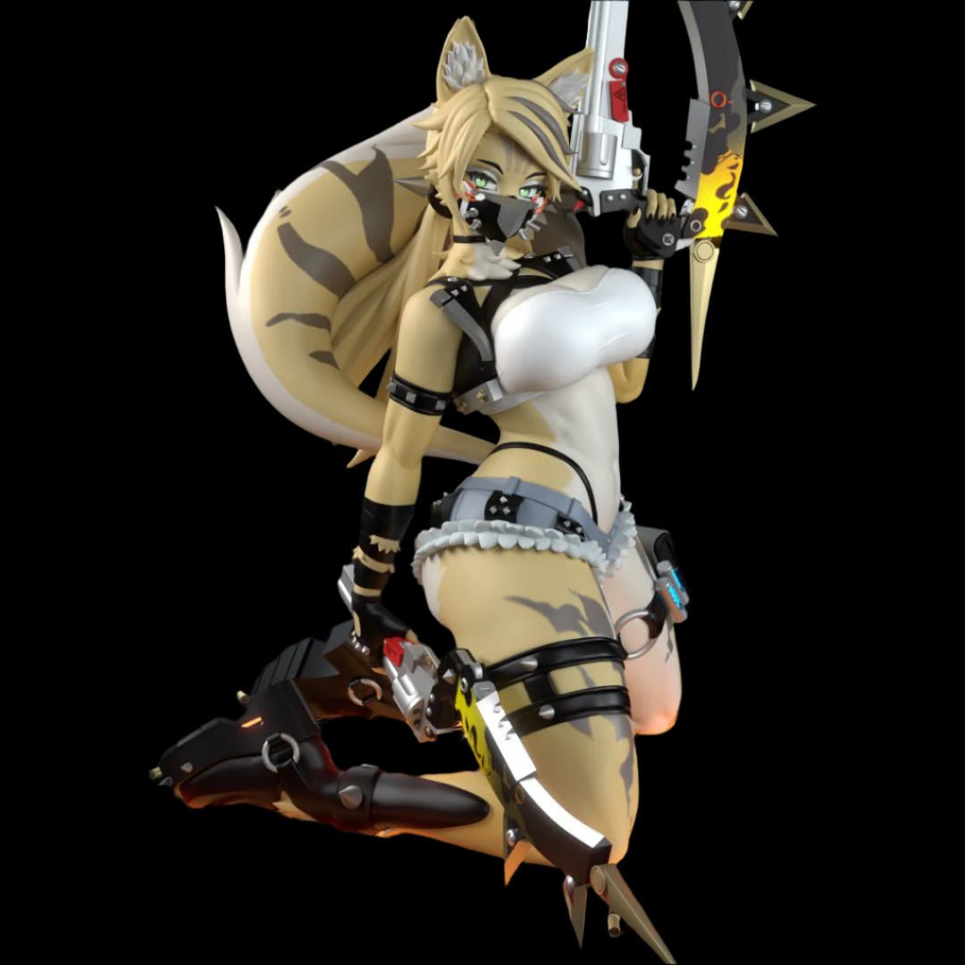 Armoured anthro tiger collectible in kneeling pose with tactical blades and sci-fi details. Censored edition with black tape and masked styling.