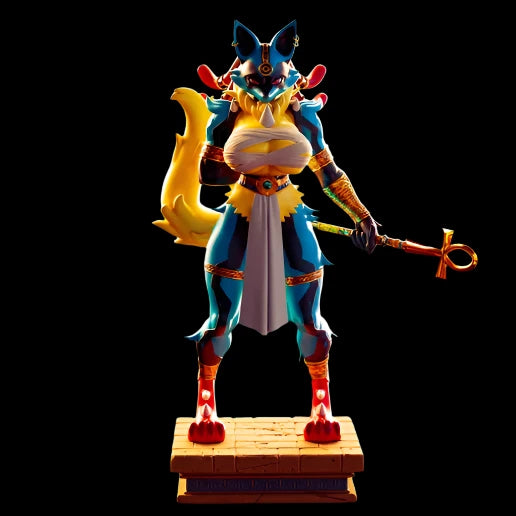 Fantasy resin statue of an upright jackal character with wrapped garments and gold trim. Holds staff and stands on a textured base. Boutique-quality solid resin figure for adult collectors.