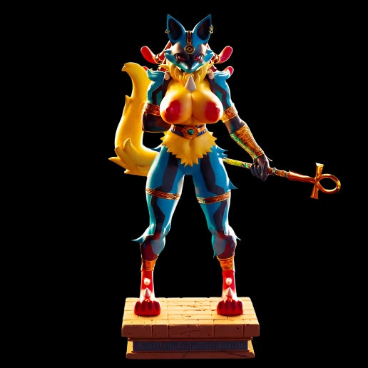 Solid resin anthro jackal figure posed upright with staff and desert guardian armour. Detailed sculpting on fur, tail, and accessories. Stylised adult collectible ideal for display or custom painting.