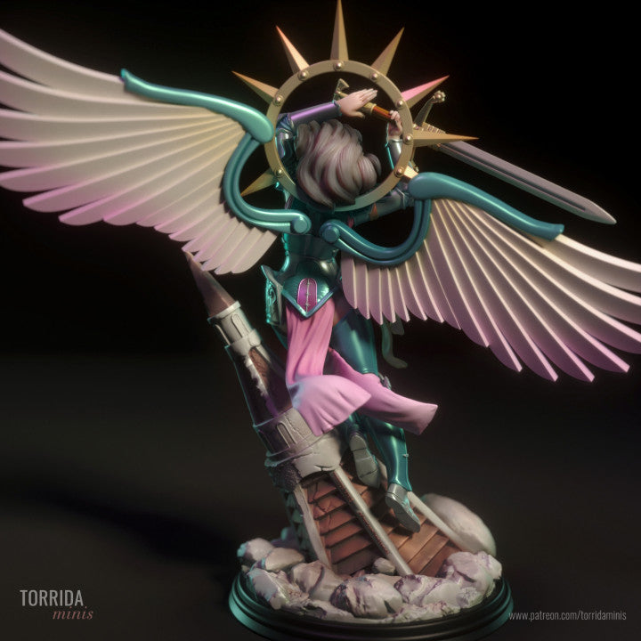 Solid resin winged figure from behind, with layered feathers and long hair trailing behind celestial crown. Miniature base features gothic tower.