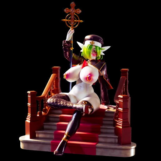 Alternate version of mature elf figure seated in command pose, bare-chested with blushed skin and confident expression. Includes raised staff and throne base for dramatic presentation.