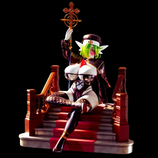 Solid resin fantasy thronepiece featuring a busty elf maiden in black ceremonial attire, seated on ornate stairs with staff raised. Boutique-grade figure with high display value and painter appeal.