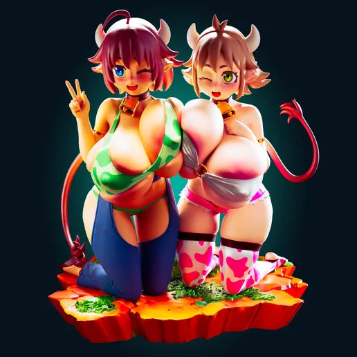 Fantasy demon twin figure set wearing camo and cow-print outfits, posed side by side with tails, collars, and soft expressions. Boutique solid resin collectible ideal for mature collectors.