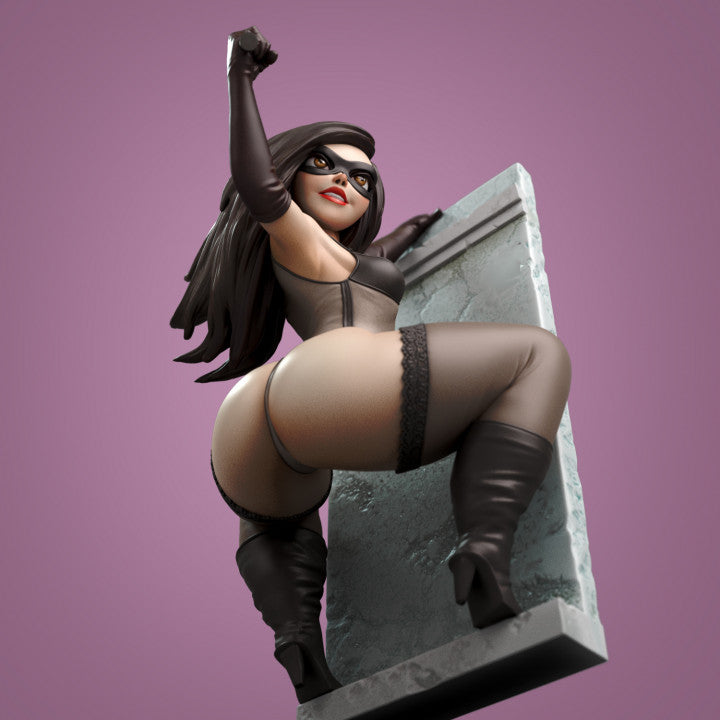 Rear angle showing dynamic pose of stylised thief character with arched back, long gloves, and stiletto boots. Designed for mature display collectors and detailed hobbyists.