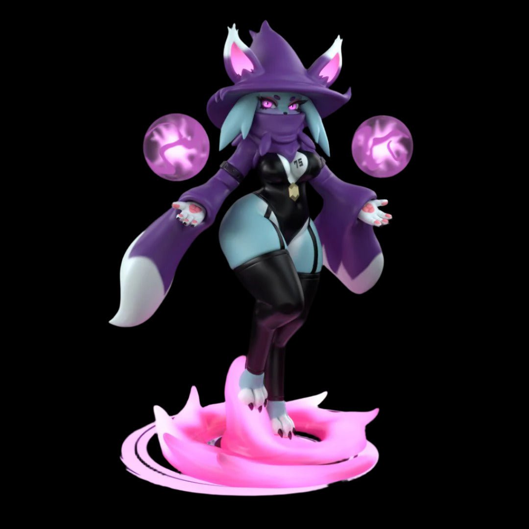 Feline anthro figure posed mid-levitation with a wide-brimmed witch hat and glowing purple orbs hovering beside raised hands. Character features dual-toned fur, long flowing sleeves, and high-gloss bodysuit with thigh-high boots.