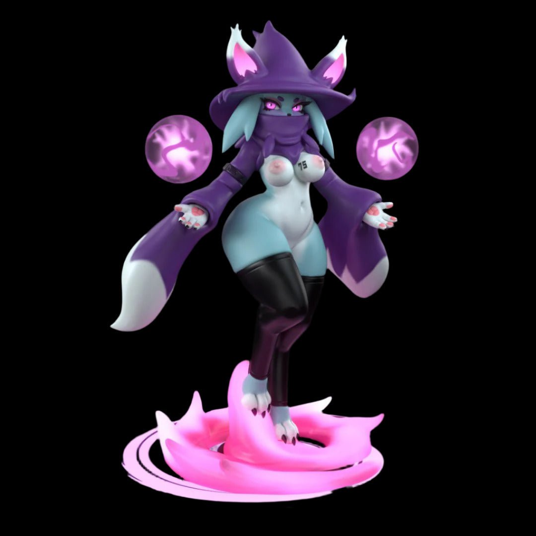 Fantasy anthro feline figure posed mid-levitation with a sorceress hat, magical orbs floating at each hand, and swirling pink energy base. Variant features exposed chest anatomy with smooth gradients across teal-toned fur and detailed paw sculpting.