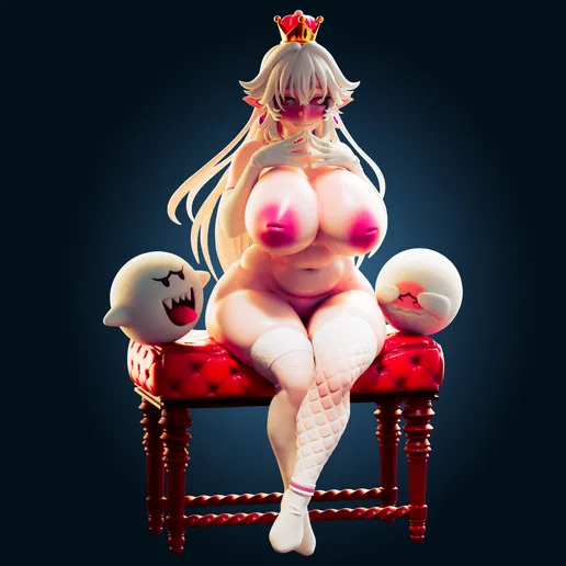 Fantasy ghost queen resin figure in seated pose with exposed chest variant, flanked by stylised ghost companions. Thick hair, throne bench base, and soft light effects. Designed for adult collectors. Premium solid-cast sculpt.