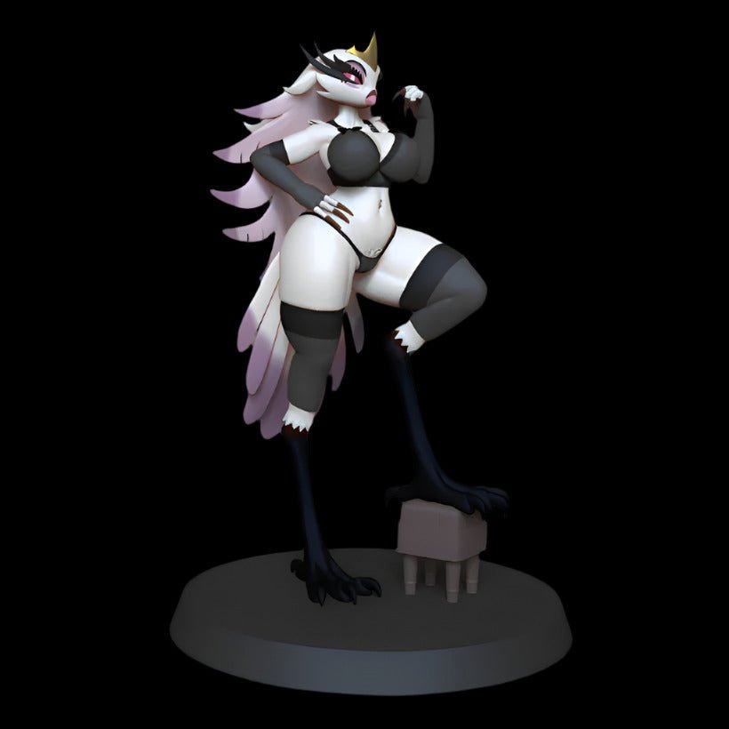 Anthro bird queen figure posed with one talon on a small stool, dressed in black lingerie with long plumage and crown detail.