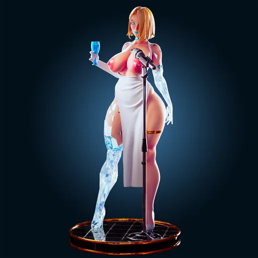 Cabaret-style resin figure with frosted limbs and soft cloth wrap, standing beside a mic. Designed for high-end adult display or custom finishing.