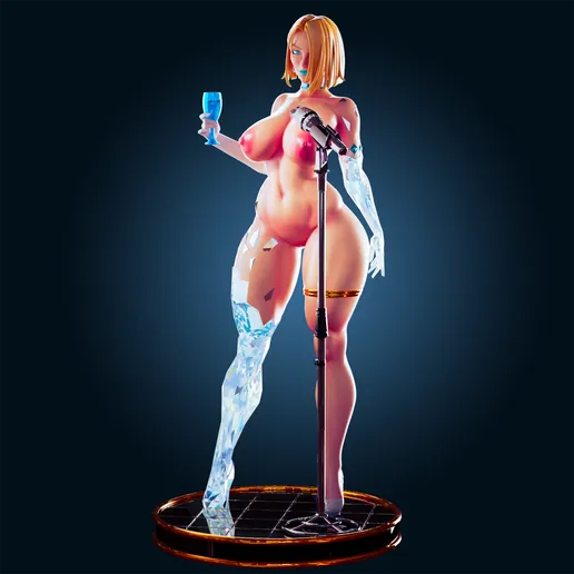 Fantasy singer statue with crystalline limbs, posed with a glass and microphone. Solid resin figure designed for mature boutique collectors.