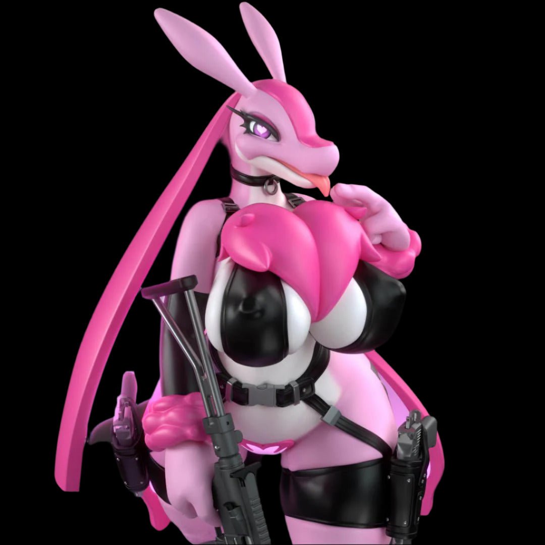 Close-up of alternate colour edition of anthro bunny resin collectible, posed with tactical gear and smirking expression. Features glossy black-and-white palette on sculpted heart chestplate, sleek pink accents, and detailed accessories including dual holsters and thigh straps.